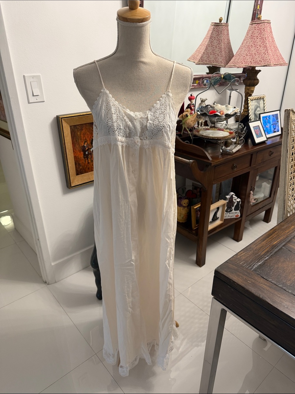 Vintage Christian Dior Creamy Blush & White Eyelet Long Chemise Nightgown